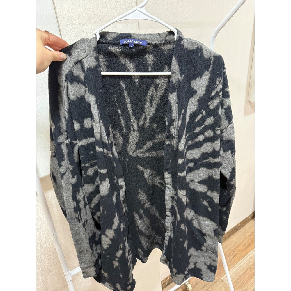 Ocean Drive Womens Gray Black Tie Dye Fleece Open Front Cardigan Sweatshirt L